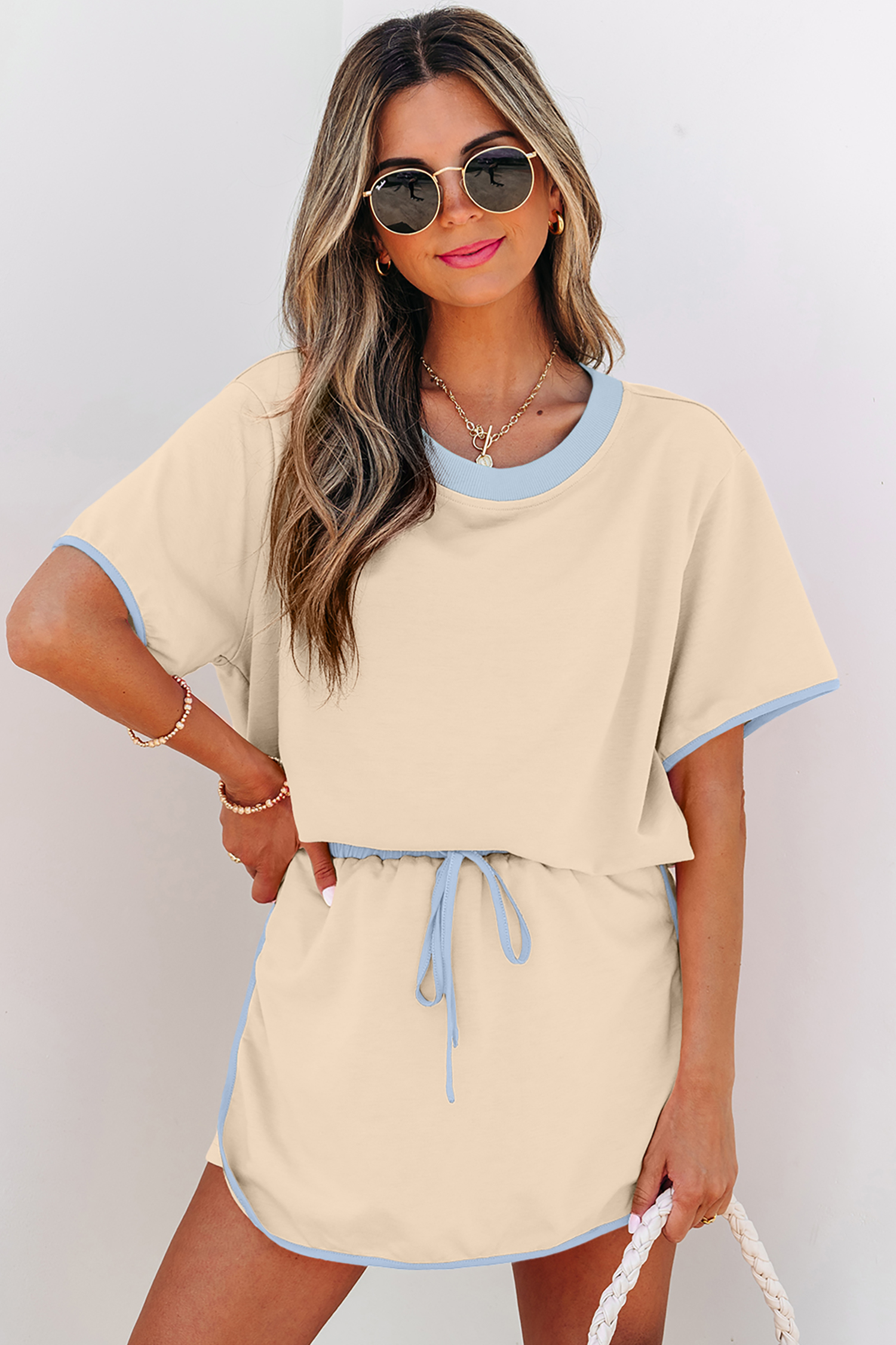 Chic Women's Apricot Two Piece Outfit – Relaxed Fit Drop Shoulder Top and Active Skort Set - Detail View 6