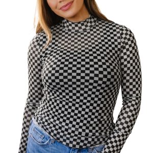 Women's Black Plaid Mesh Top – Mock Neck Long Sleeve Shirt - Main View