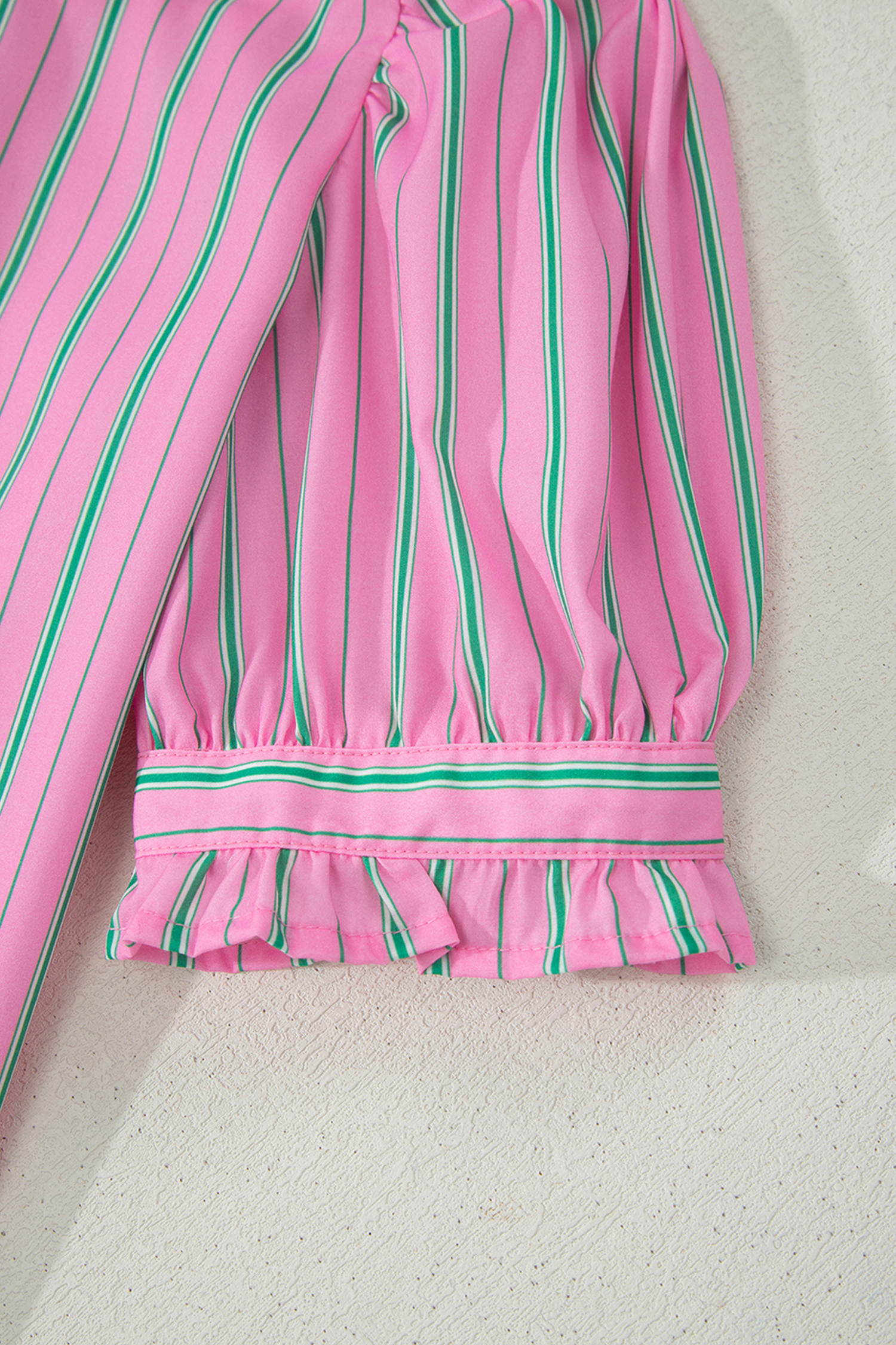 Chic Women's Pink Striped Blouse, Puff Sleeve Gift Top - Detail View 12