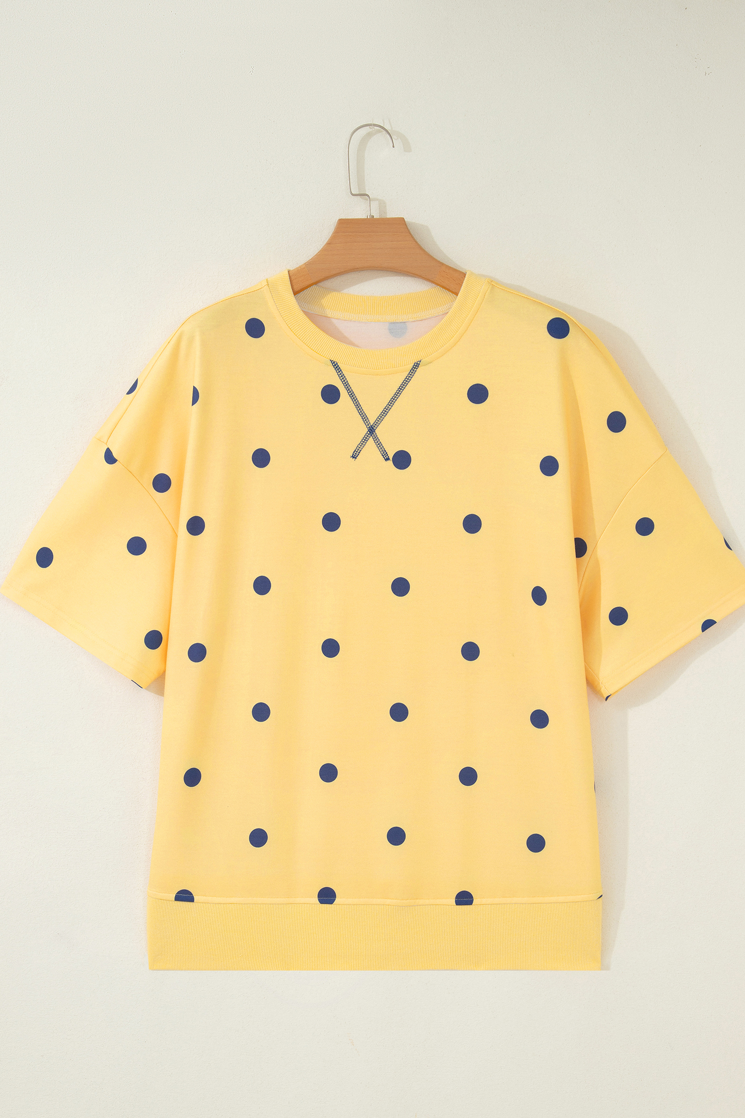 Women's Relaxed Yellow Polka Dot Tee – Oversize Short Sleeve Shirt with Crossed Seam Detail, Gift for Her - Detail View 3