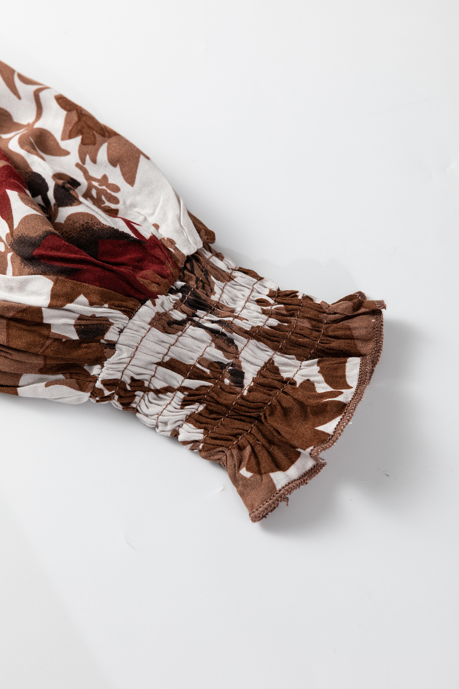 Women's Chestnut Floral Smocked Maxi Dress – Long Puff Sleeve - Detail View 7