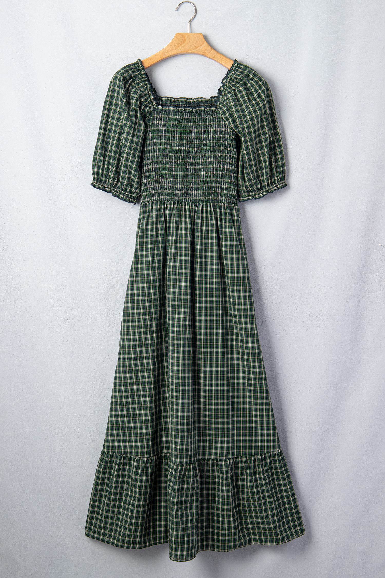 Women's Autumn Plaid Maxi Dress – Smocked Fit and Flare - Detail View 6