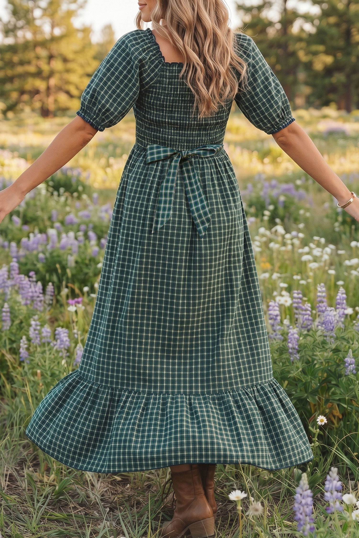Women's Autumn Plaid Maxi Dress – Smocked Fit and Flare - Detail View 3