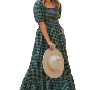 Women's Green Plaid Smocked Dress – Casual Square Neck Maxi - Main View
