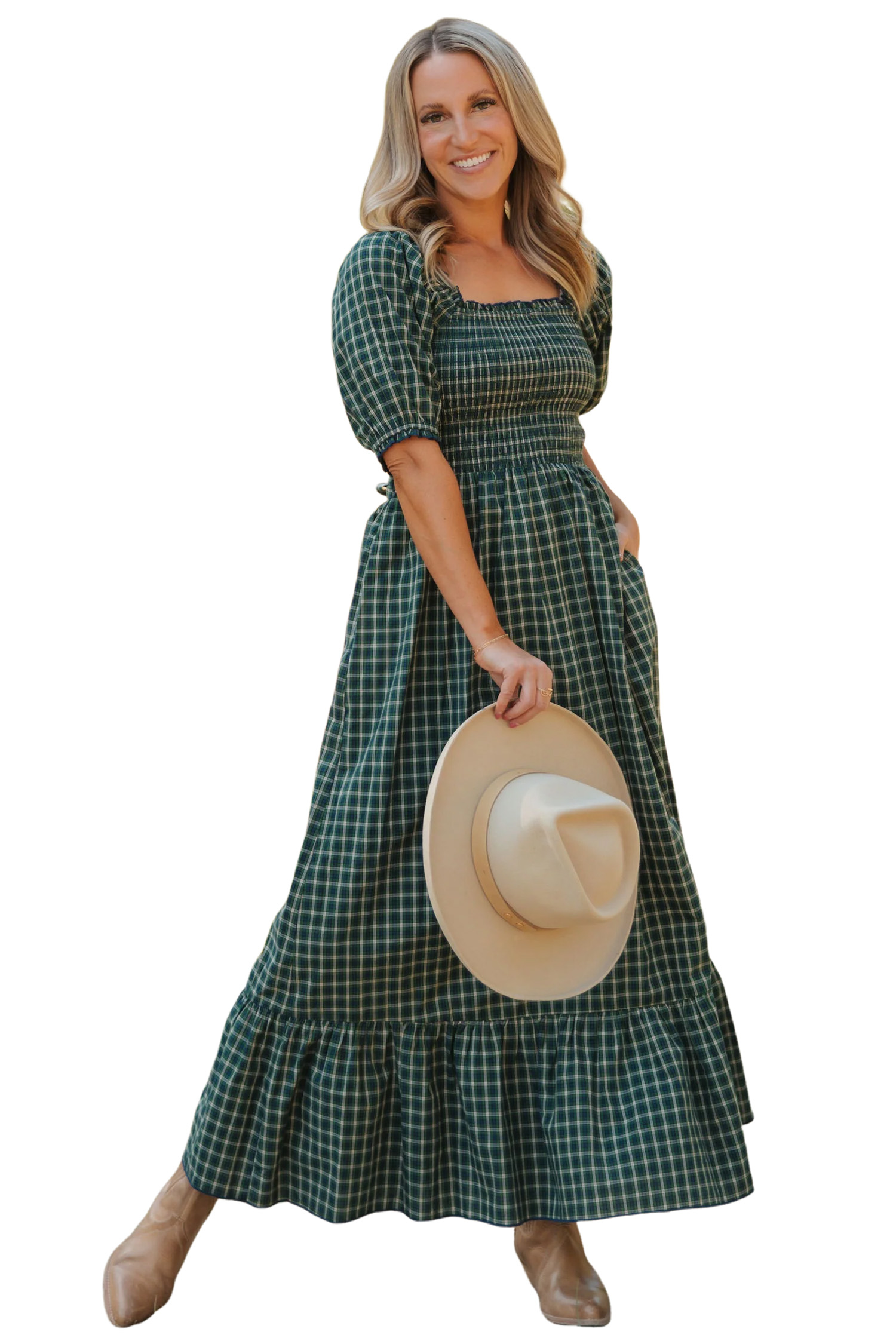 Women's Green Plaid Smocked Dress – Casual Square Neck Maxi - Main View
