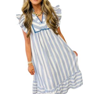 Women's Sky Blue Stripe Casual Shift Dress – V-Neck Short Sleeve, Ruffle Trim & Pockets for Summer - Main View