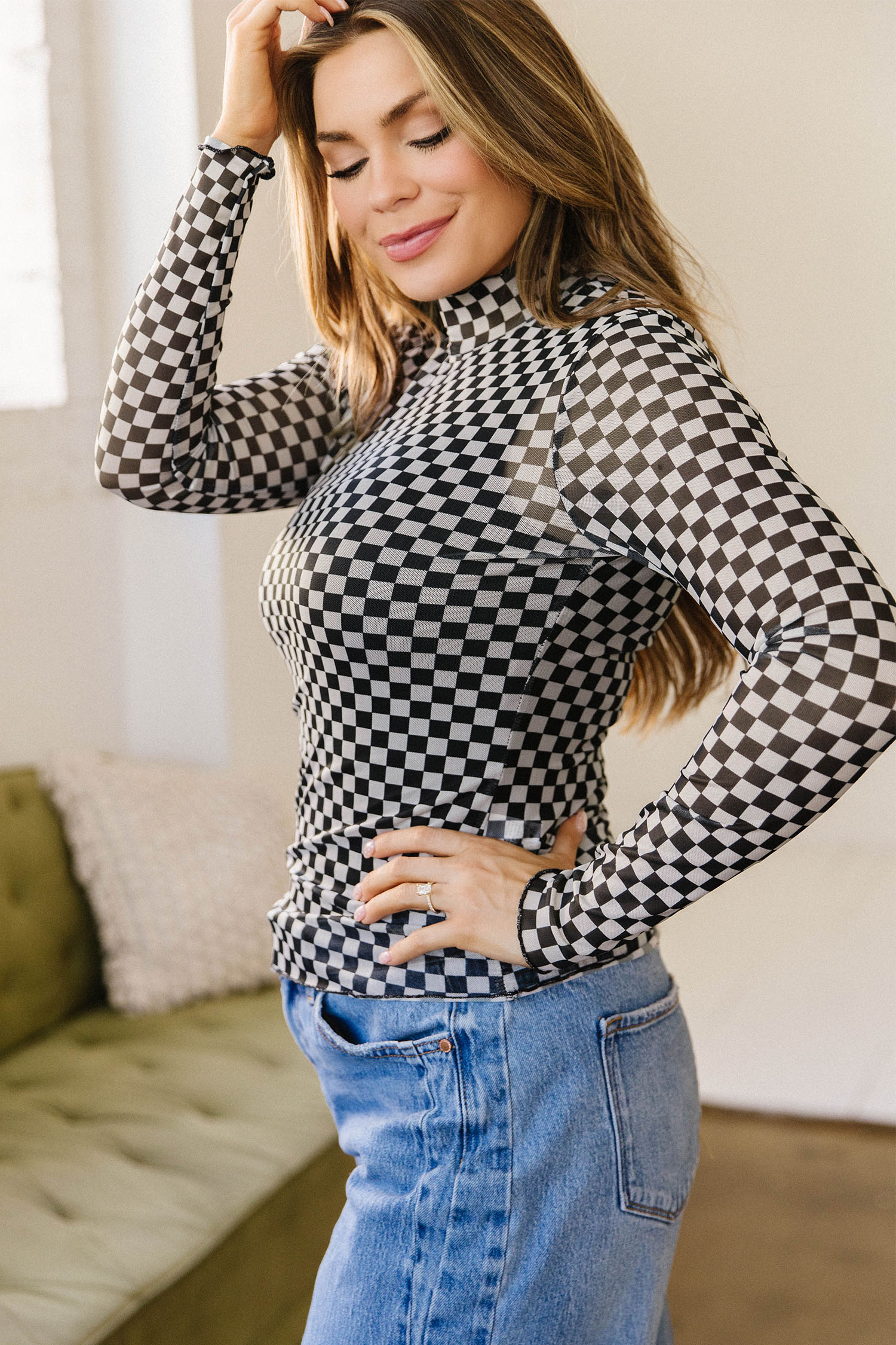 Women's Plaid Stand Neck Mesh Top – Casual Long Sleeve Tee - Detail View 3