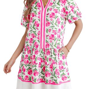 Women's Floral Print Shift Dress – Short Sleeve Casual Summer Dress with Colorblock Trim - Main View