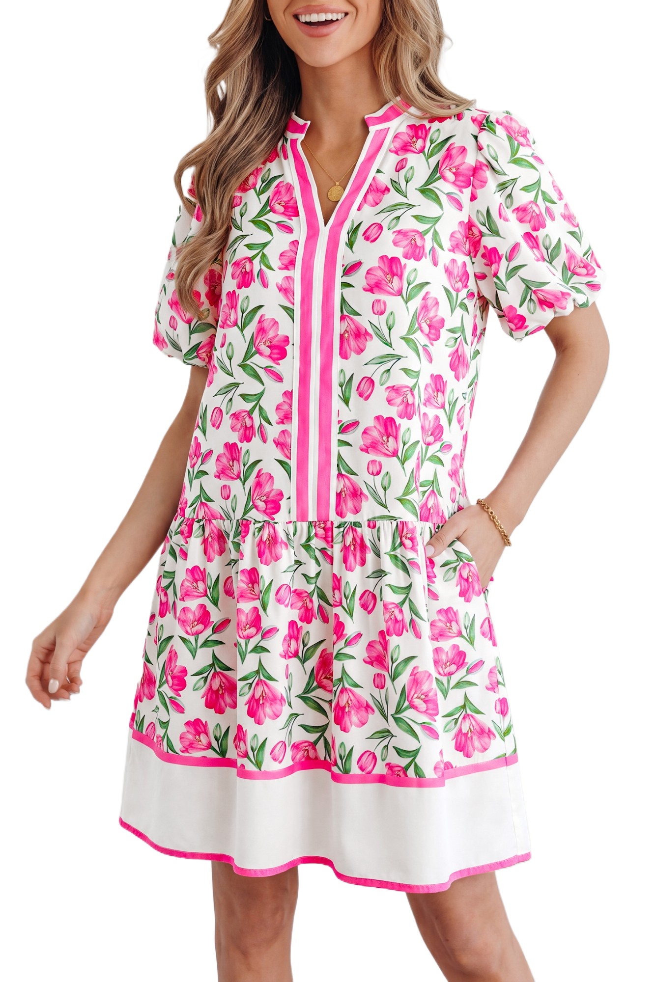 Women's Floral Print Shift Dress – Short Sleeve Casual Summer Dress with Colorblock Trim - Main View