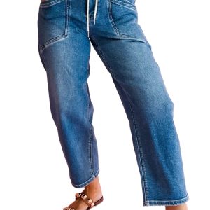 Women's High Waist Drawstring Jeans – Ankle Length Casual Denim Pants with Pockets - Main View