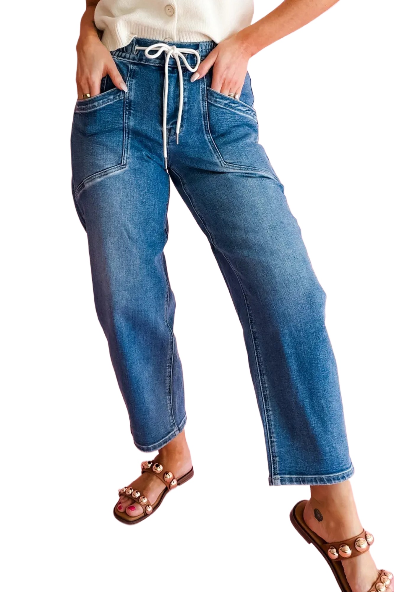 Women's High Waist Drawstring Jeans – Ankle Length Casual Denim Pants with Pockets - Main View