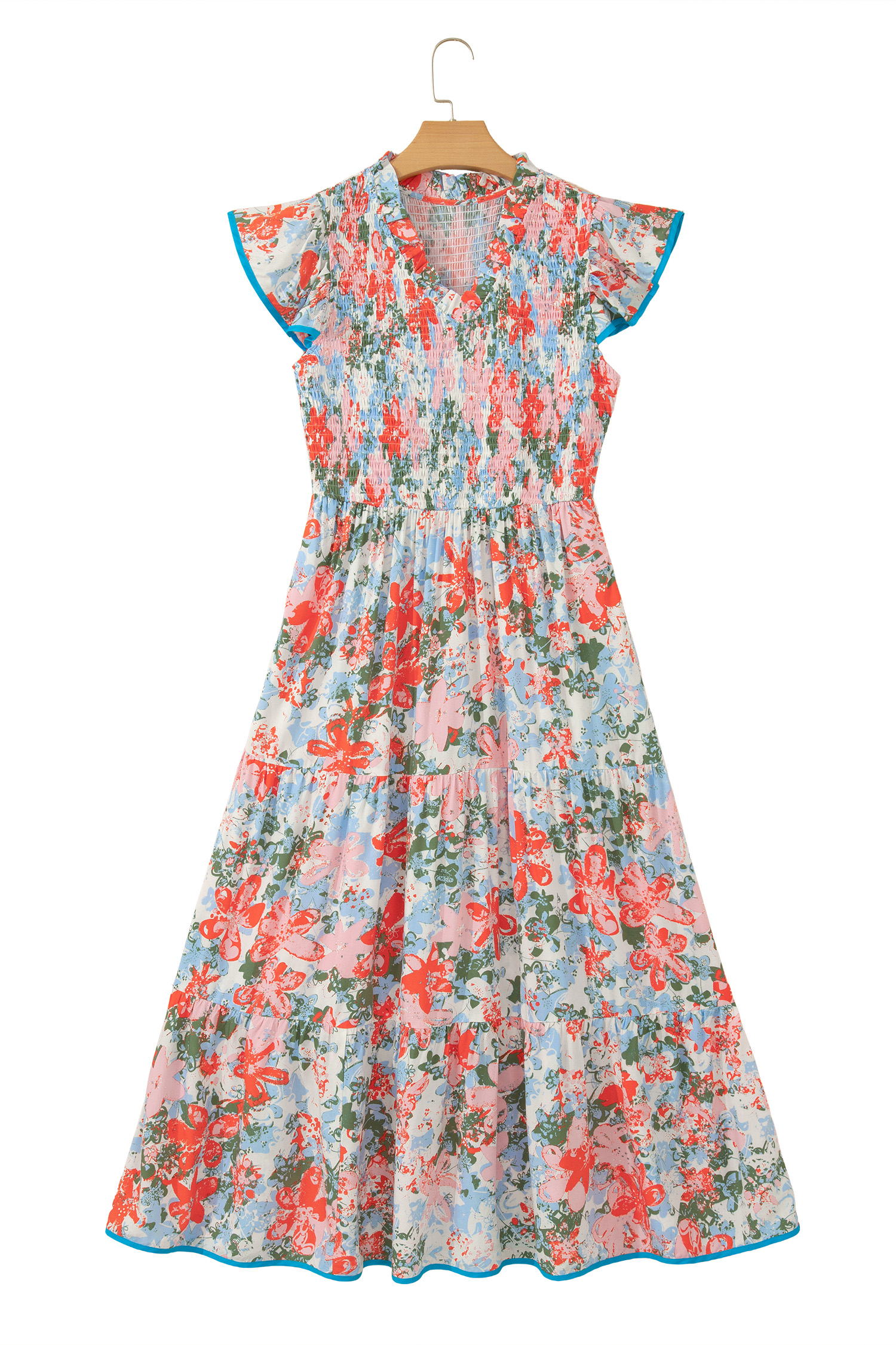 Boho Floral Print Long Dress for Women – Shirred V Neck Contrast Trim Flutter Sleeve A-Line Dress - Detail View 5