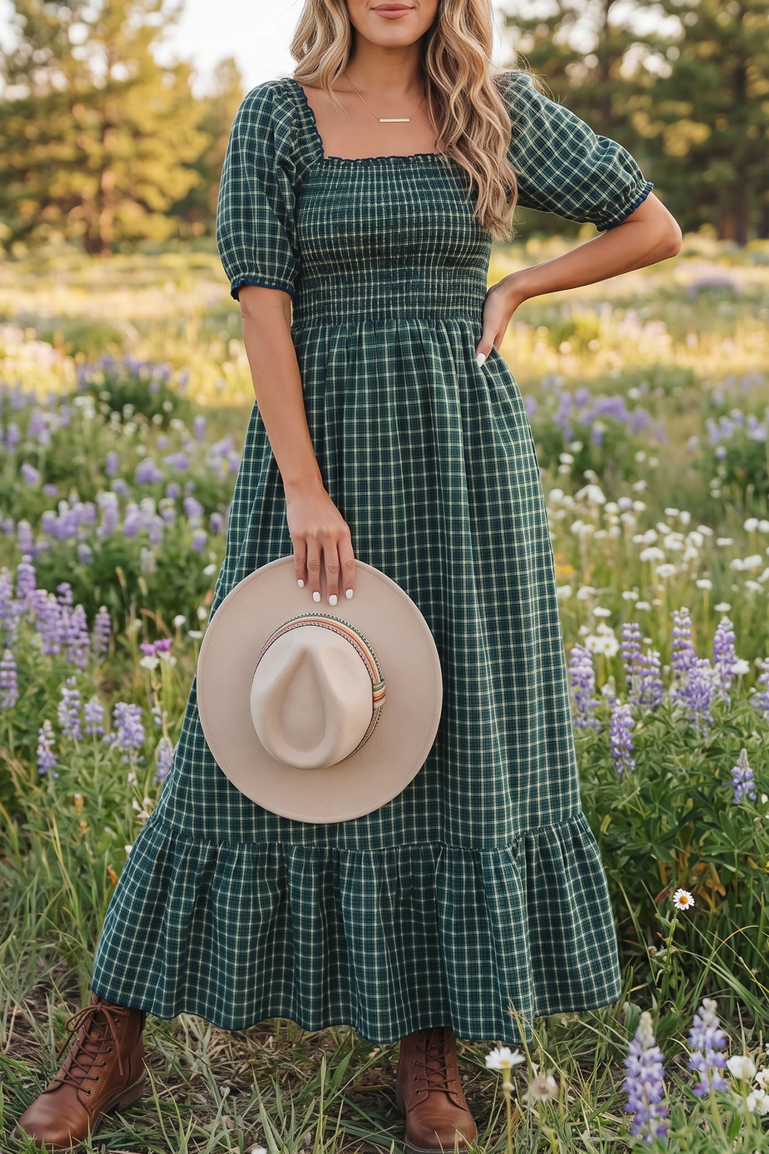 Women's Christmas Plaid Dress – High Waist Ruffle Maxi - Detail View 2