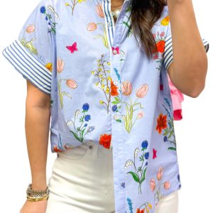 Women's Sky Blue Floral Striped Shirt – Casual Ruffled Collar Short Sleeve Blouse for Daily Wear - Main View