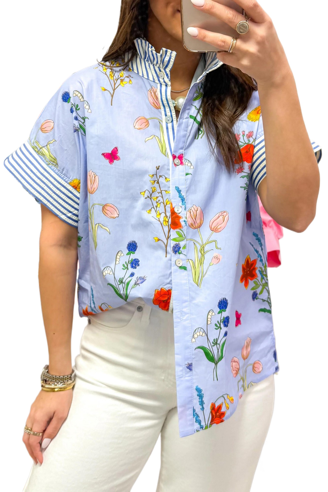 Women's Sky Blue Floral Striped Shirt – Casual Ruffled Collar Short Sleeve Blouse for Daily Wear - Main View