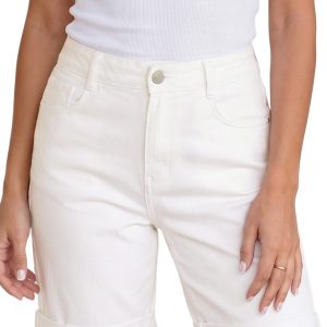 White Denim Bermuda Shorts – Women's High Waist Rolled Cuff Summer Casual Shorts - Main View