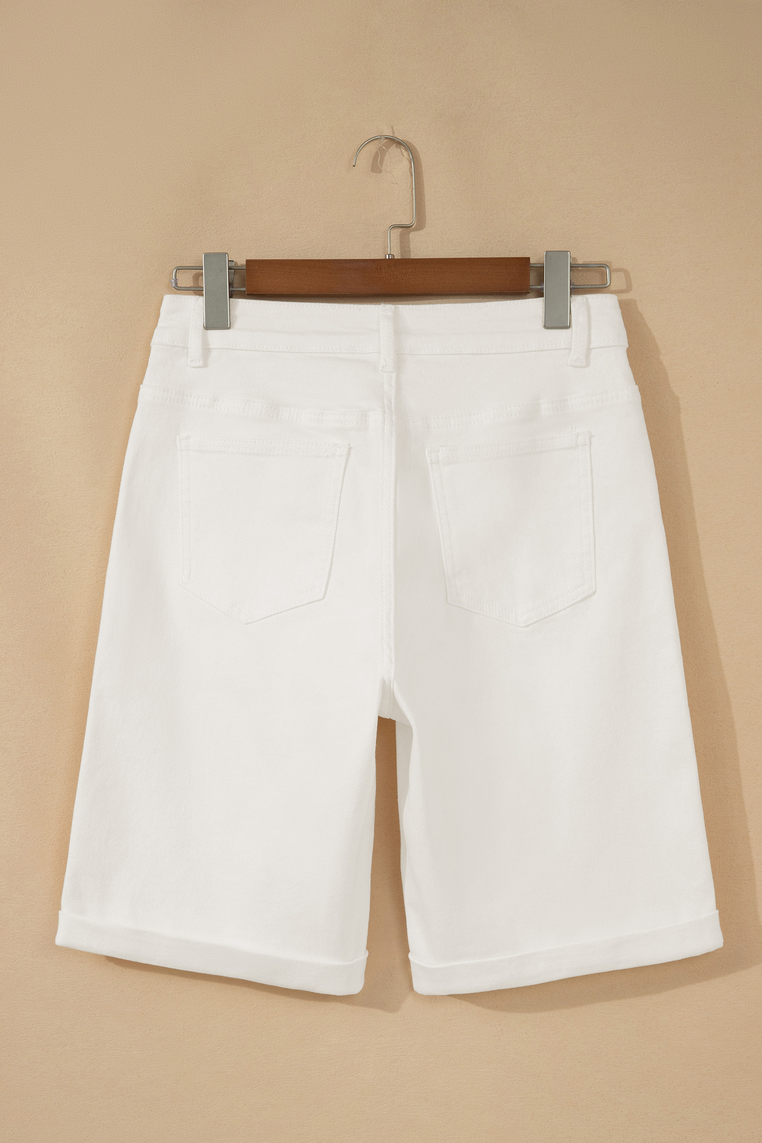 Women's White Stretch Denim Bermuda Shorts – High Waist Cotton Blend Summer Style - Detail View 5