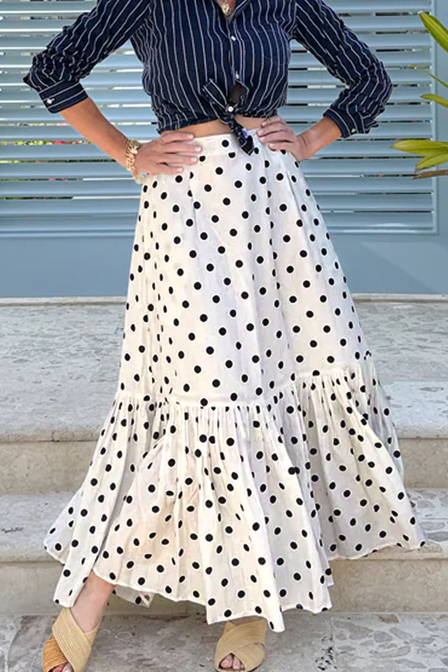 Chic White Polka Dot Long Skirt for Women – High Waist Split Detail, Vacation & Beach Ready - Detail View 11
