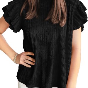 Women's Textured Ruffle Sleeve Blouse – Casual Black Top - Main View
