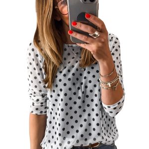 Women's Polka Dot Sheer Mesh Top – Long Sleeve Round Neck - Main View
