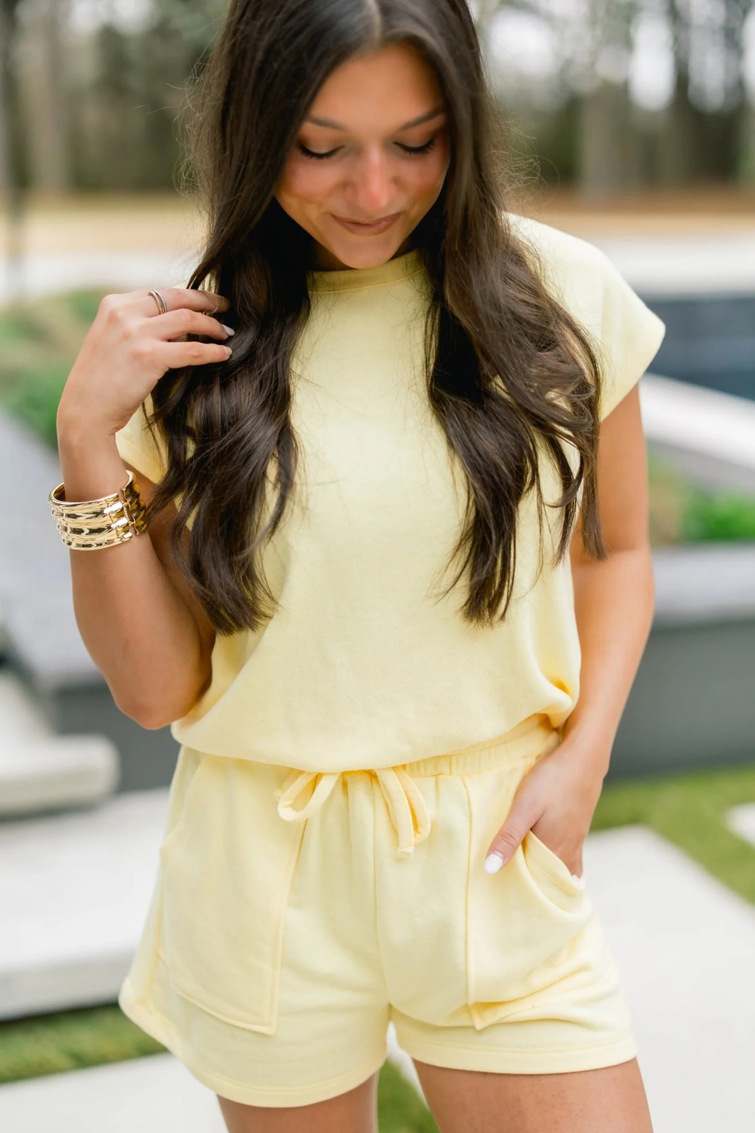 Comfy Women's Solid Yellow Loungewear Set – Round Neck Tee & Pocketed Drawstring Shorts for Daily Wear - Detail View 2