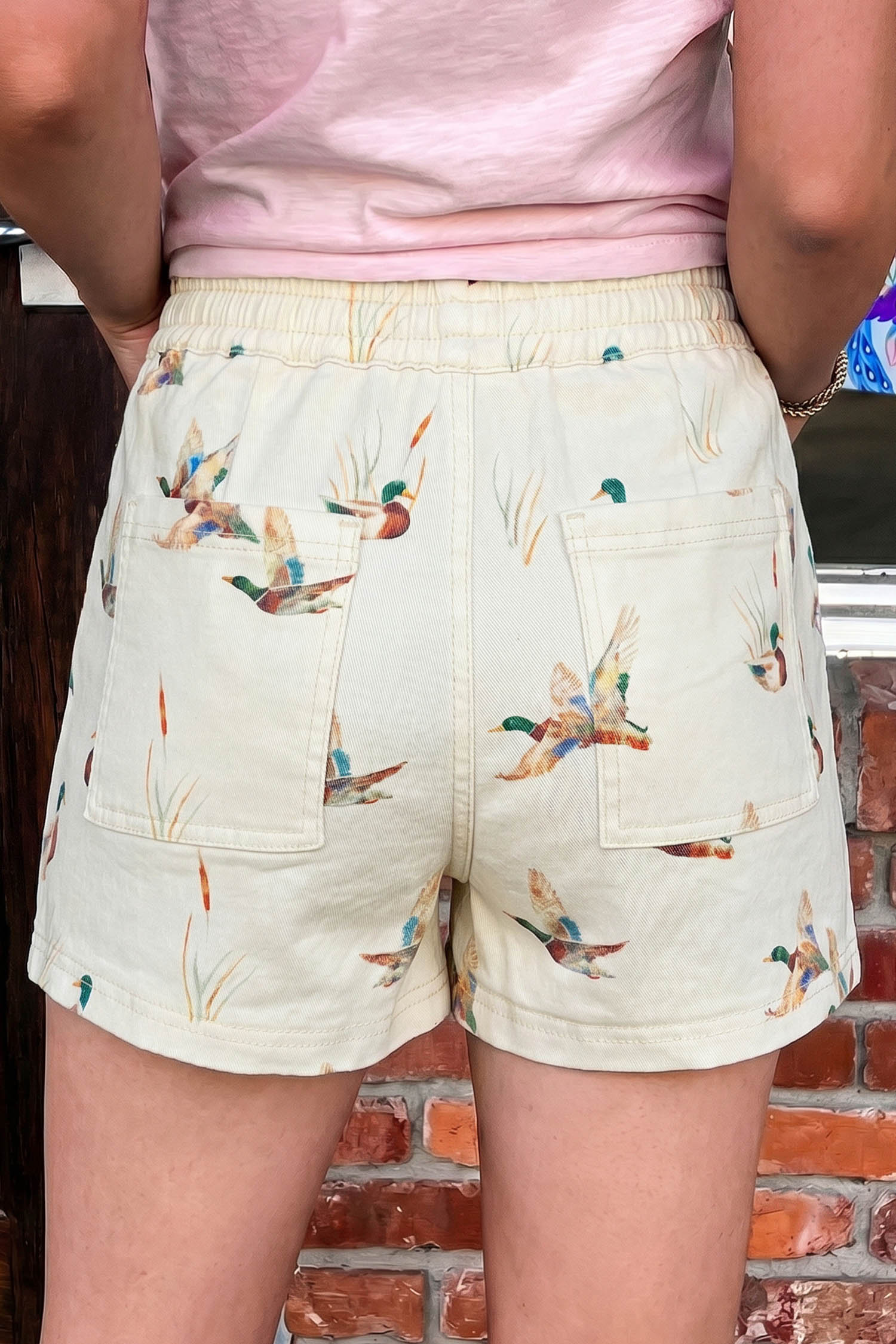 Beige Mallard Duck Printed Women's Denim Shorts - Summer Casual Drawstring Shorts with Pockets - Detail View 5
