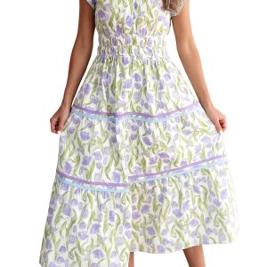 Women's Purple Tulip Floral Midi Dress – Short Sleeve High Waist A-Line Casual Summer Dress - Main View