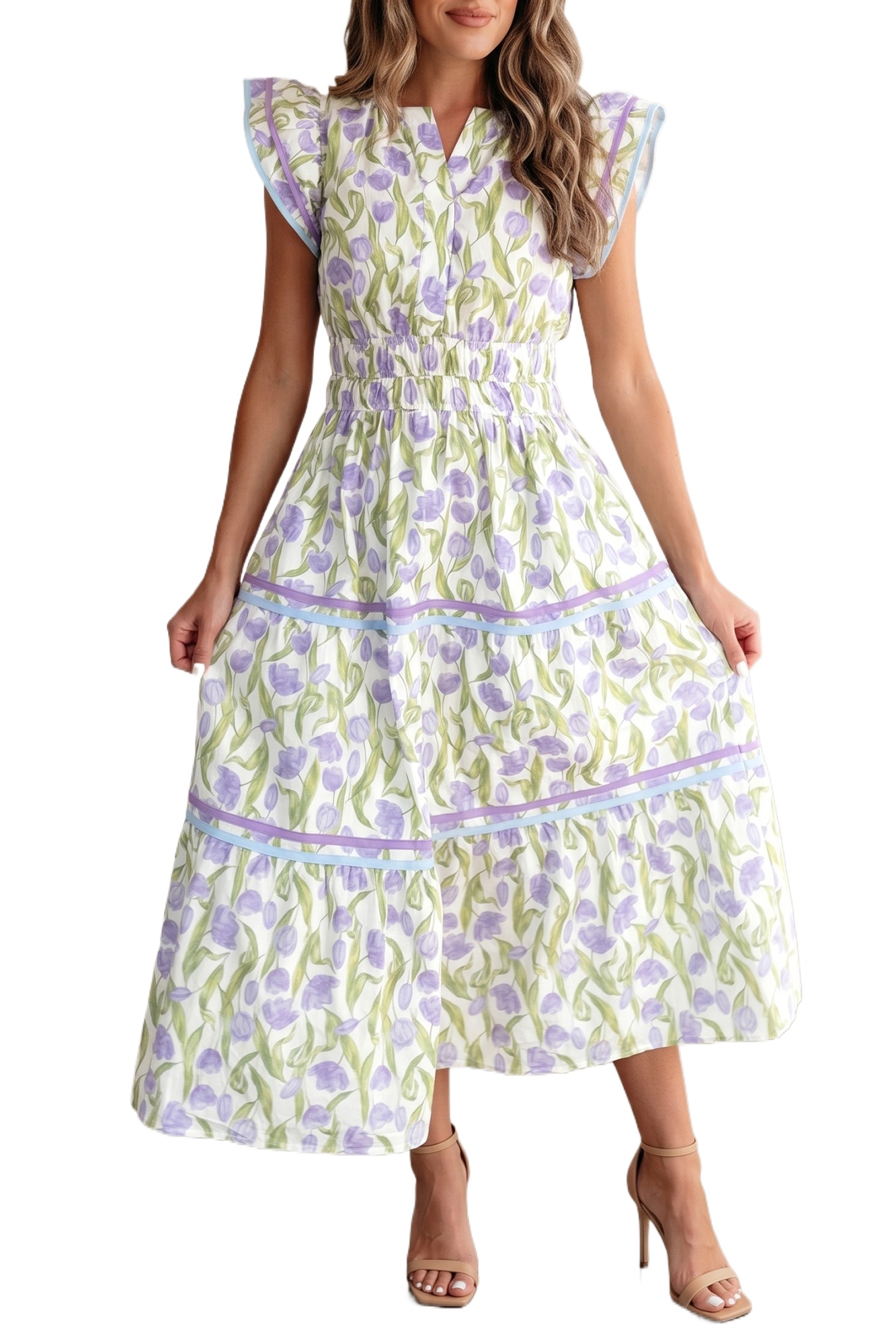 Women's Purple Tulip Floral Midi Dress – Short Sleeve High Waist A-Line Casual Summer Dress - Main View