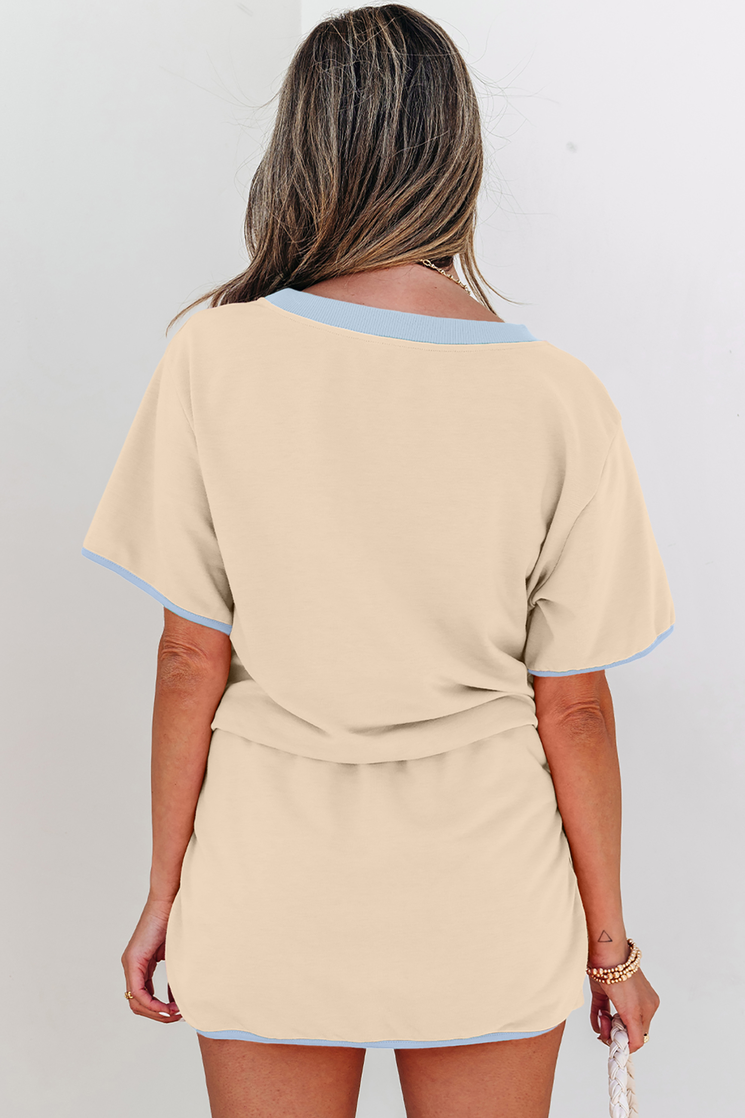 Contrast Trim Colorblock Women's Lounge Set – Short Sleeve Round Neck Tee and Skort - Detail View 2