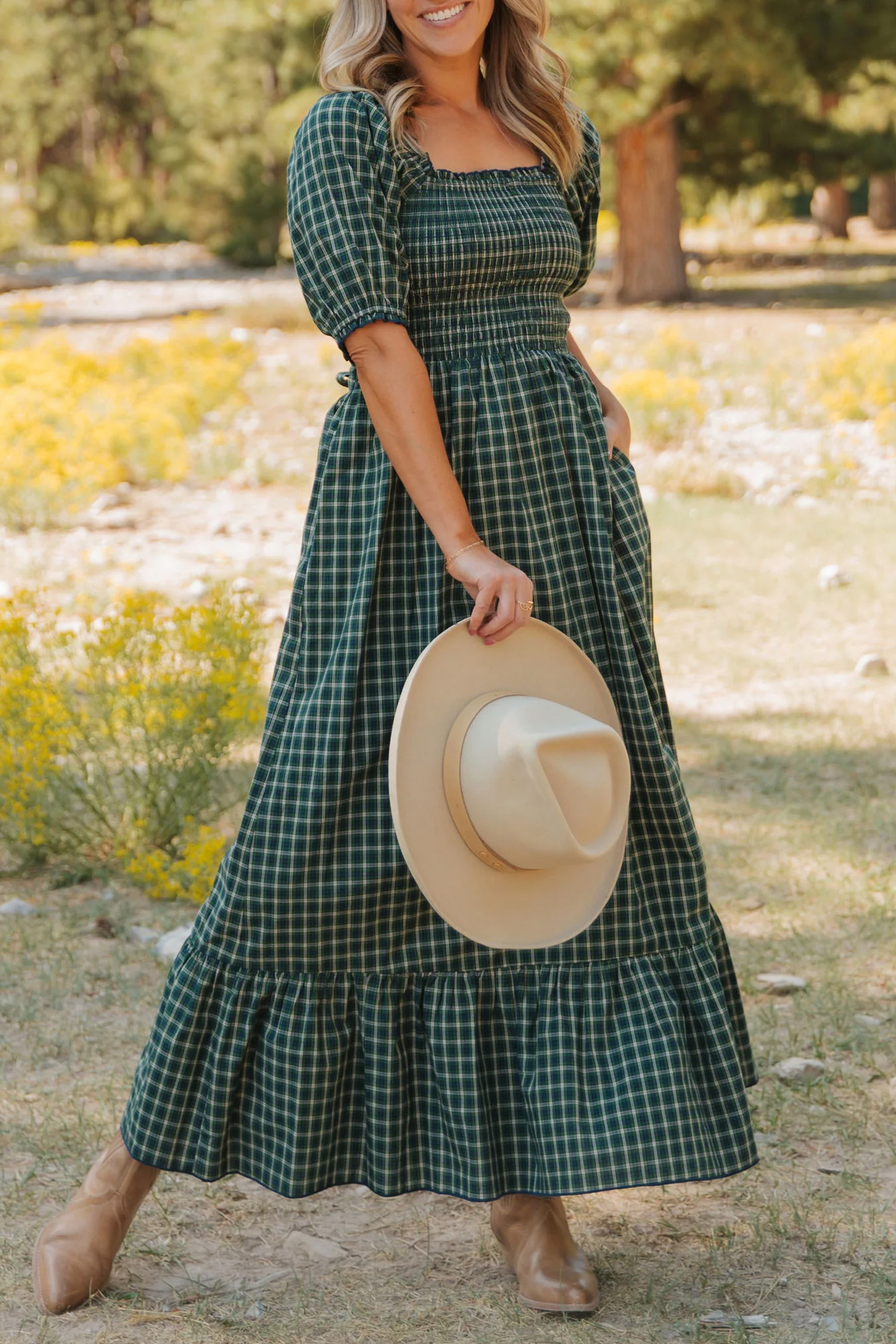 Women's Autumn Plaid Maxi Dress – Smocked Fit and Flare - Detail View 15