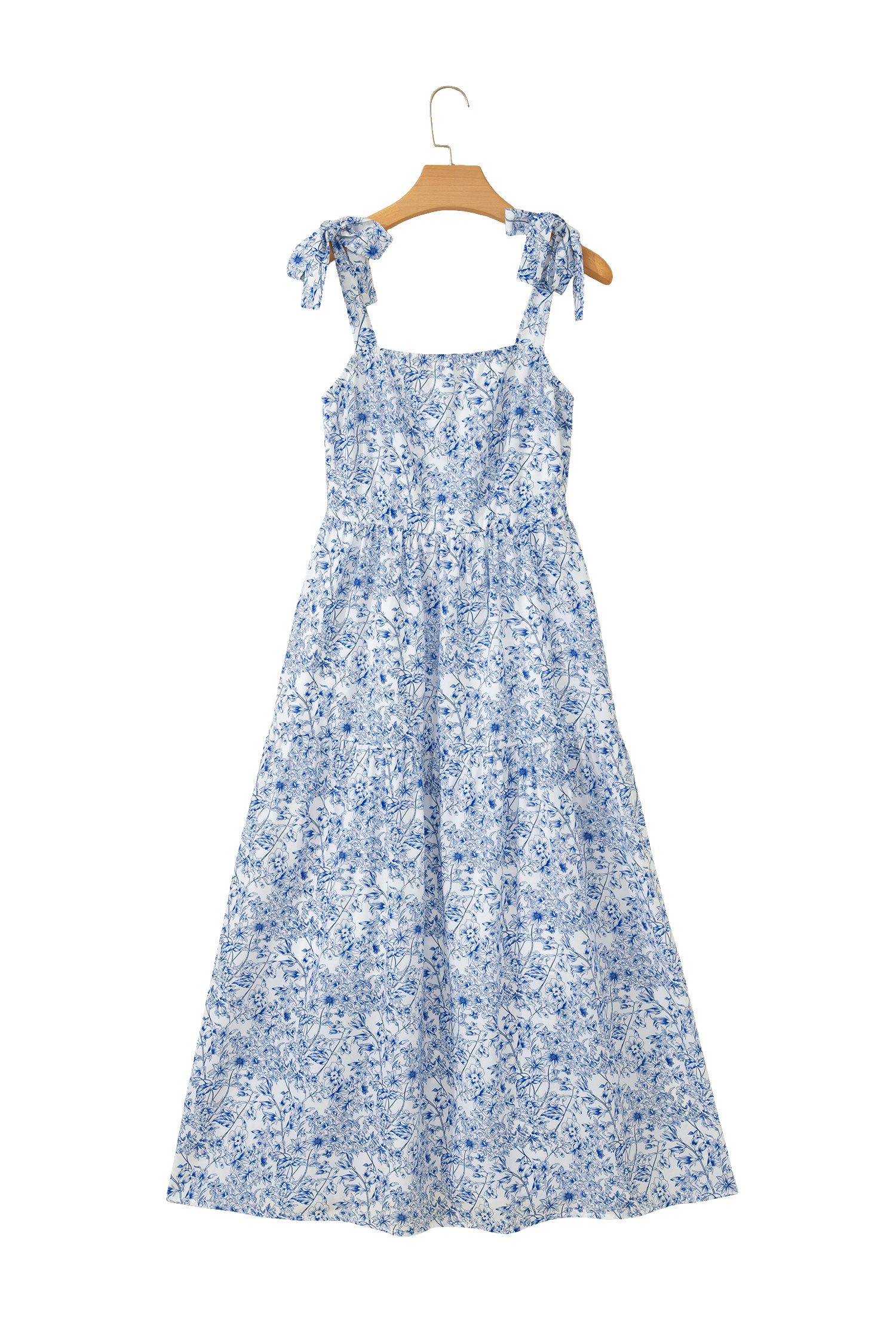 Women's Sky Blue Floral Maxi Dress – Knot Strap Square Neck Summer A-Line Dress - Detail View 7