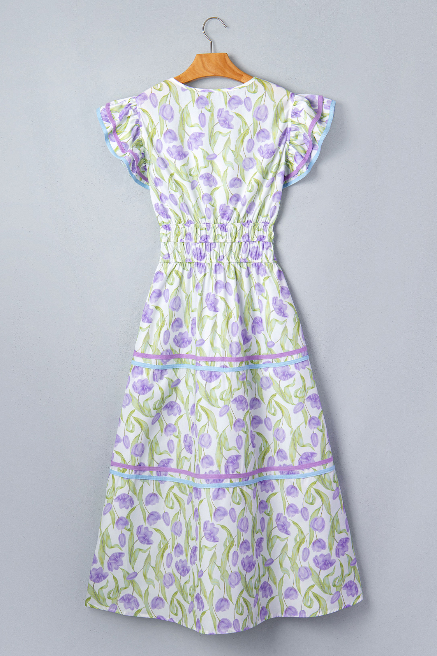 Chic Purple Floral Women's Summer Dress – Elegant Contrast Trim High Waist Midi Dress for Gifting - Detail View 6