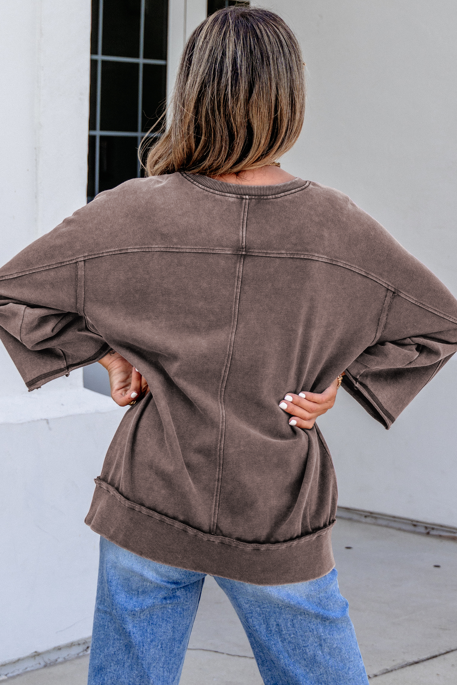 Vintage Style Cotton Pullover, Relaxed Dark Brown Round Neck - Detail View 2