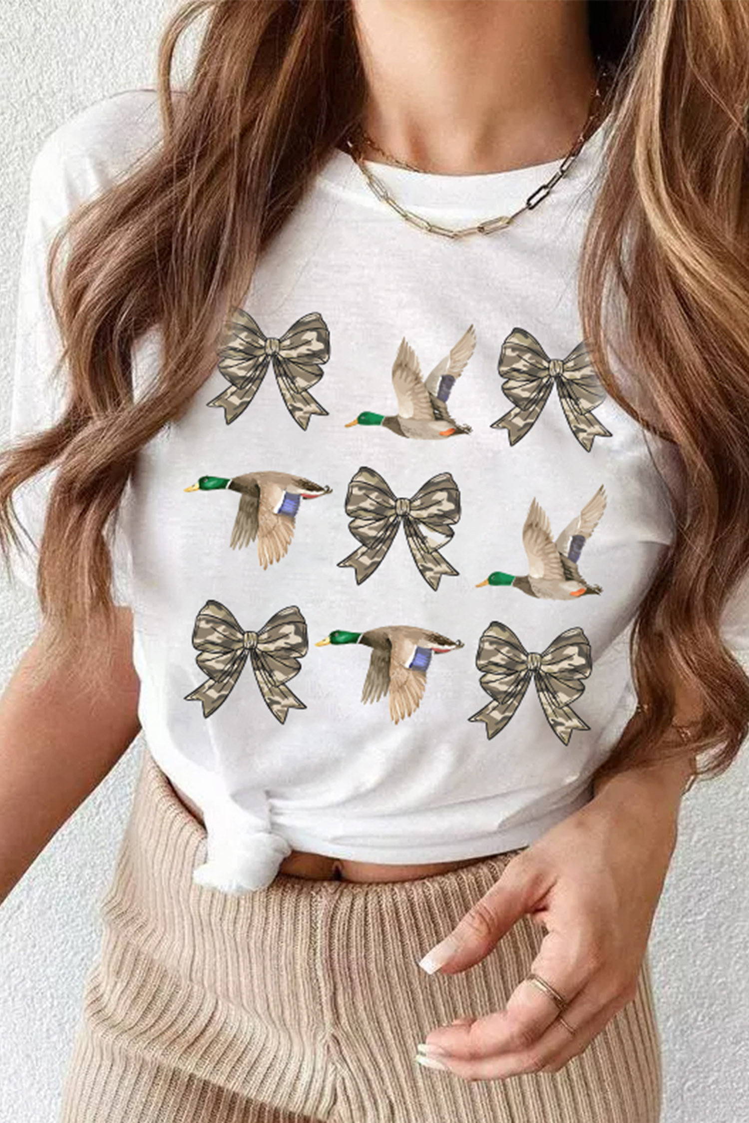 Soft Cotton Blend Duck Tee, Women's Camo Bow Graphic Top - Detail View 6