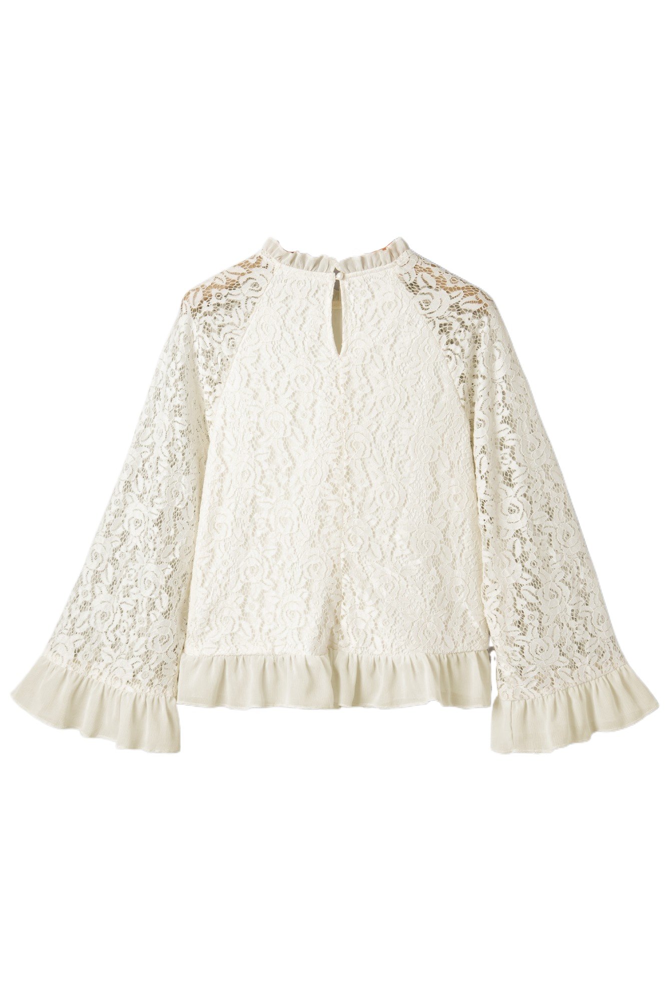 Women's White Lace Ruffle Blouse, Casual Long Sleeve - Main View