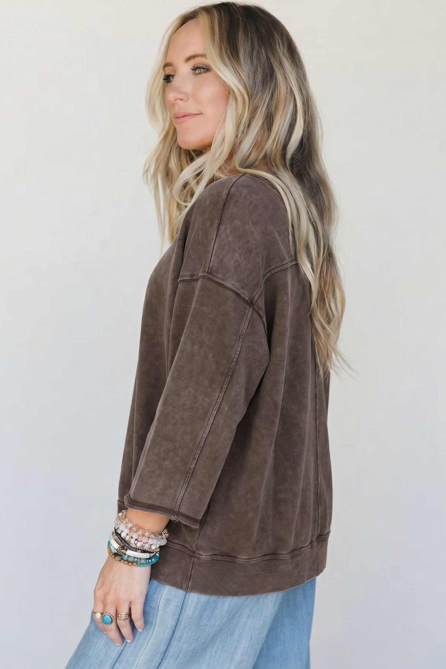 Women's Casual Cotton Top, Distressed Mineral Wash Crewneck - Detail View 6