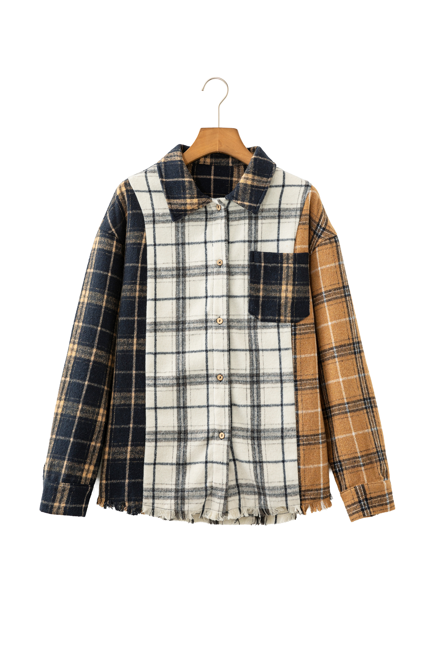 Women's Plaid Button Up Shacket, Casual Long Sleeve Top - Detail View 7