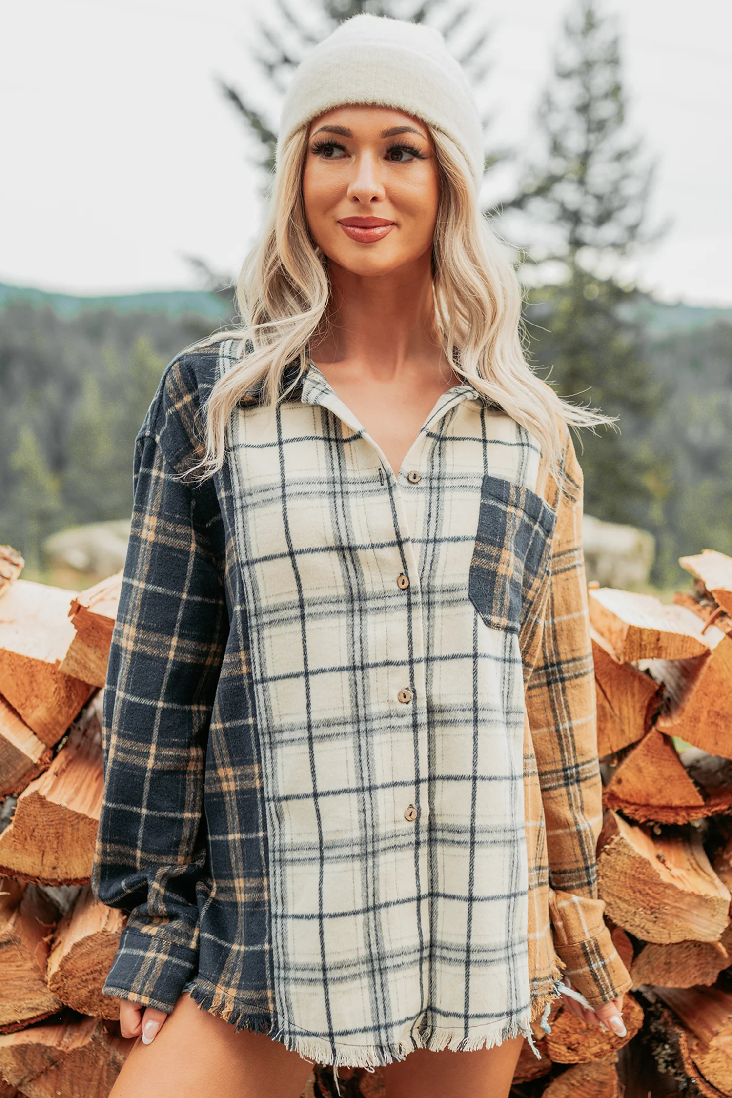 Women's Plaid Button Up Shacket, Casual Long Sleeve Top - Detail View 16