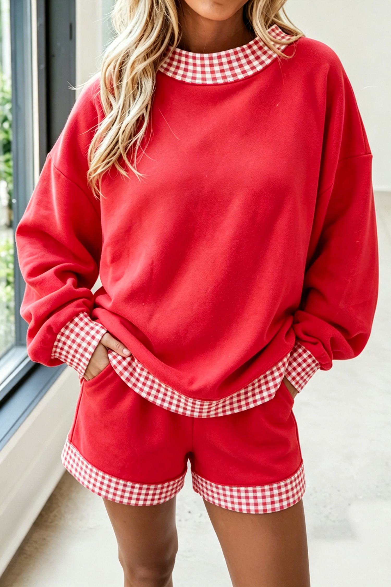 Fiery Red Gingham Trim Lounge Set, Long Sleeve Pullover Duo - Detail View 5