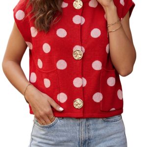 Women's Red Polka Dot Sweater Vest, Sleeveless Knit Button Top - Main View