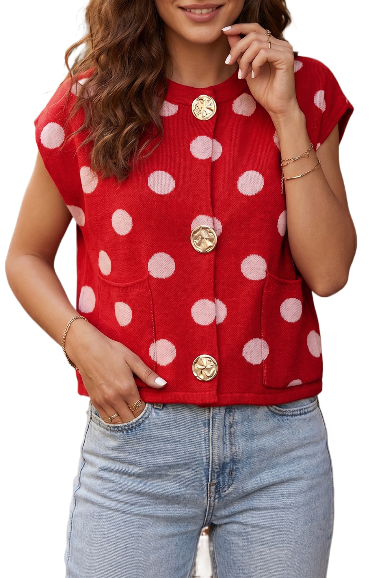 Women's Red Polka Dot Sweater Vest, Sleeveless Knit Button Top - Main View