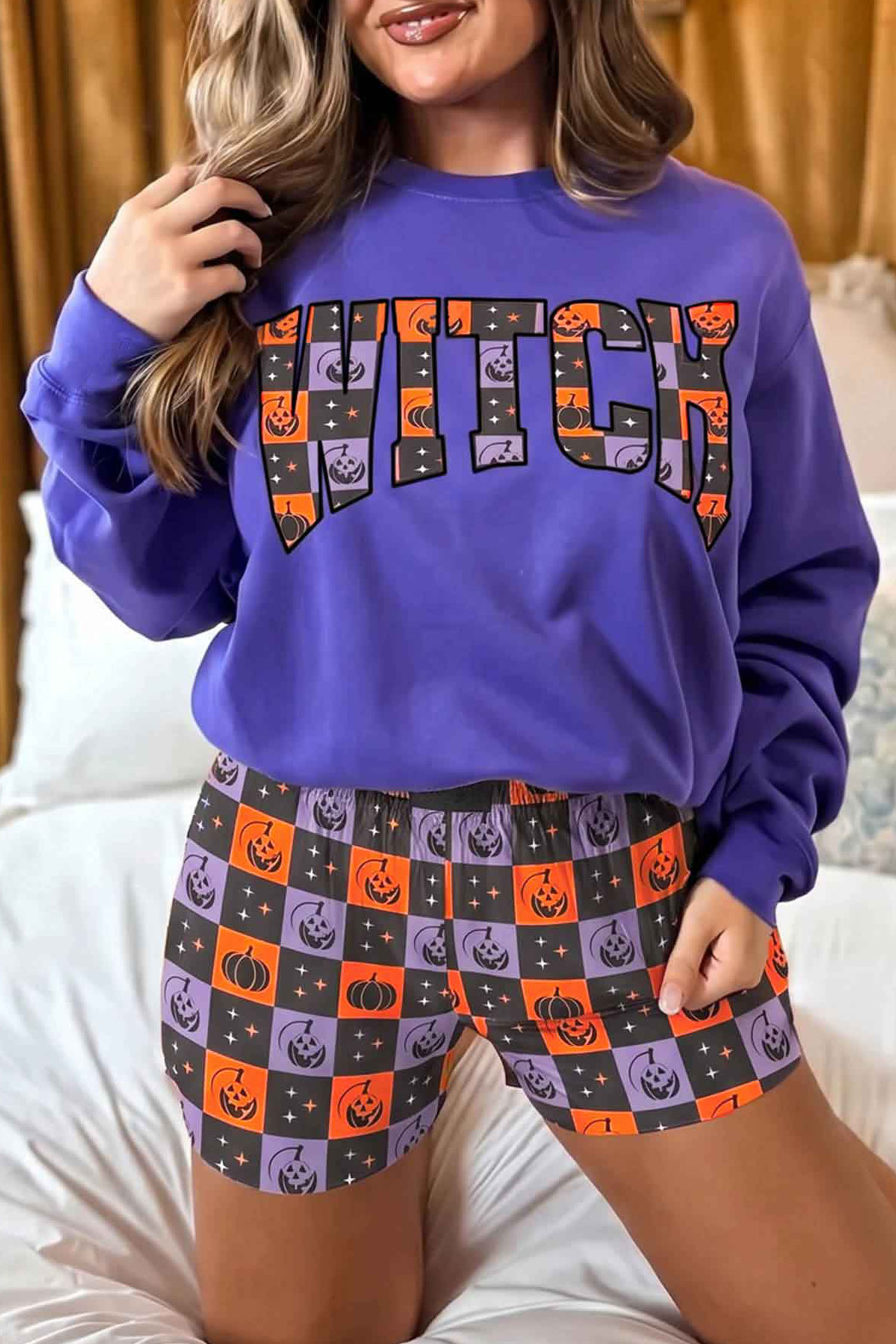 Women's Witch Letter Print Set, Checkered Halloween Shorts - Detail View 5