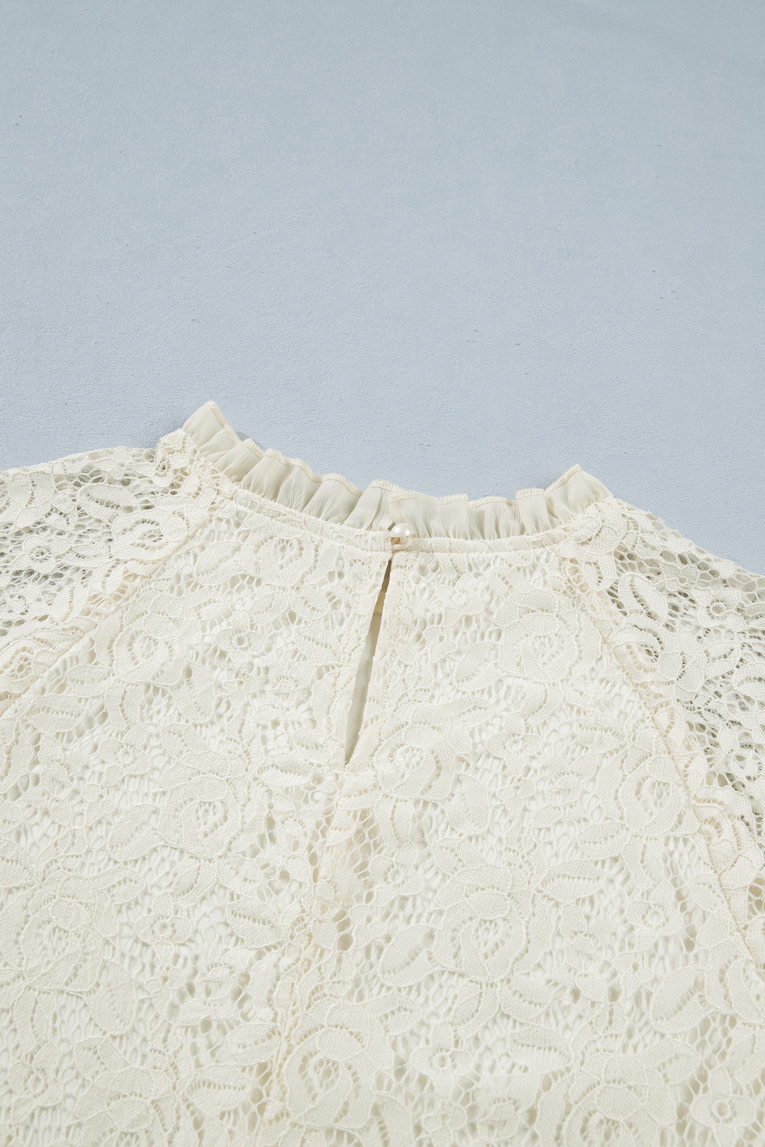 Women's White Lace Ruffle Blouse, Casual Long Sleeve - Detail View 7