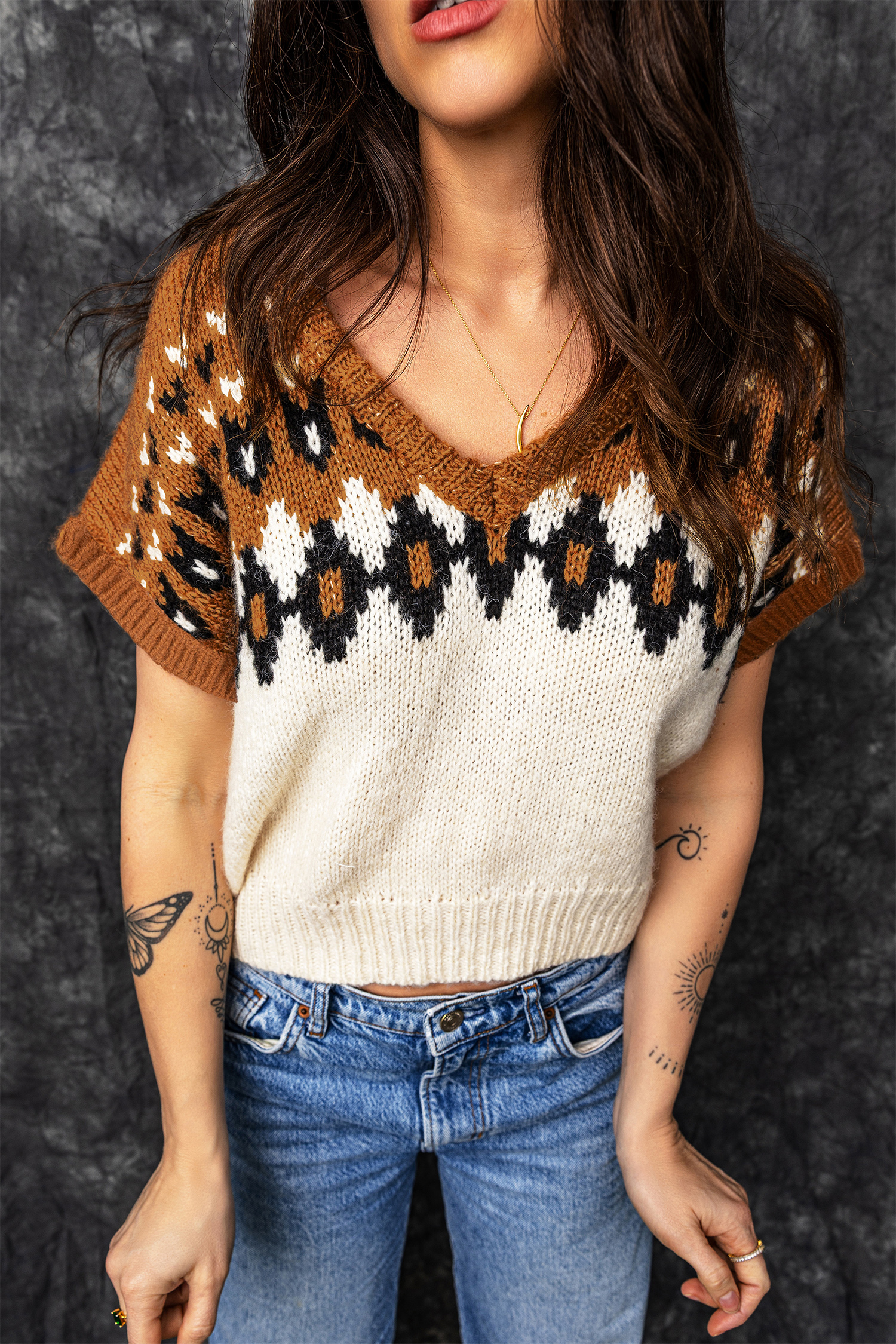 Women's Knit V Neck Sweater Tee, Casual Geometric Top - Detail View 7