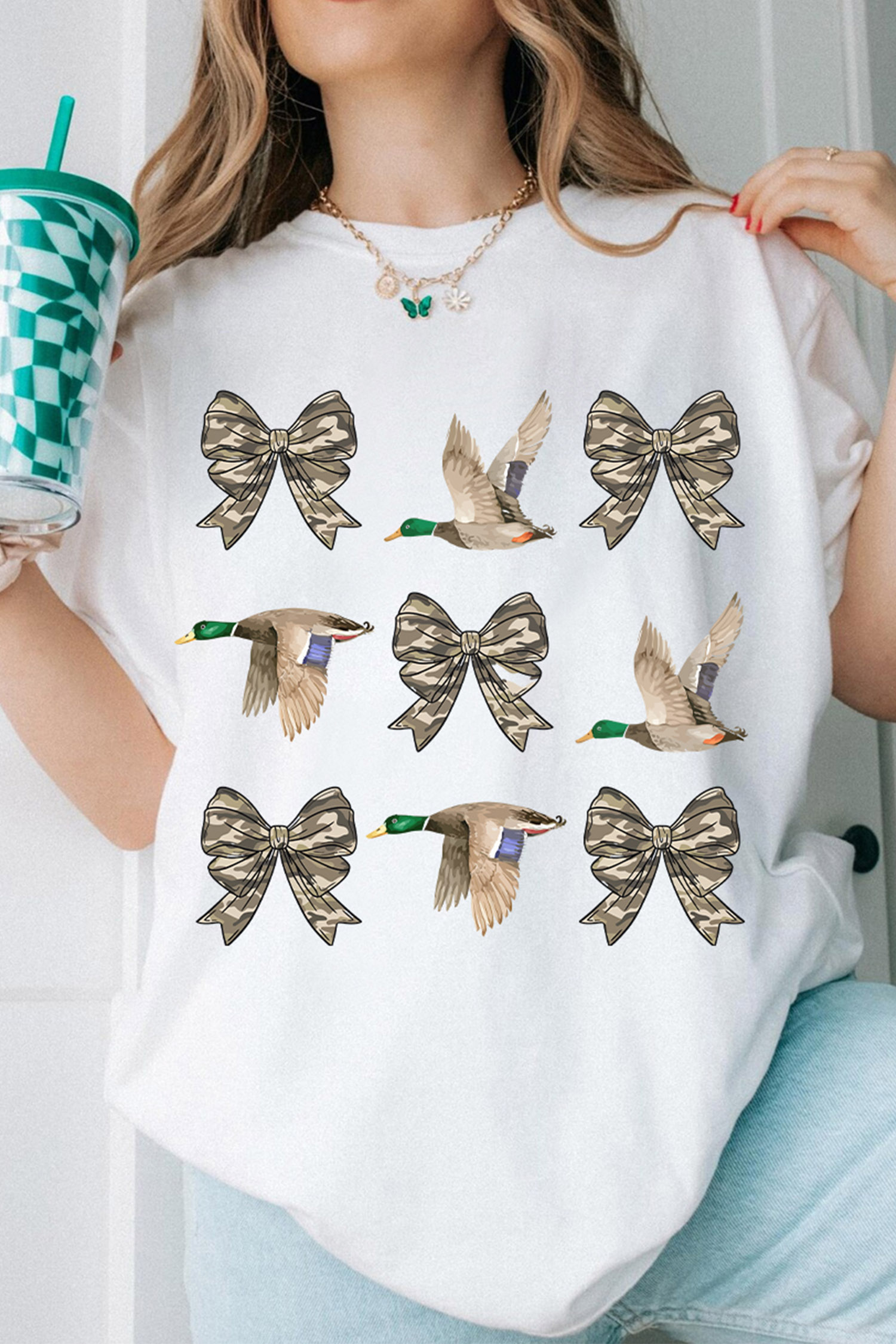 Western Camo Bow Duck Tee, Women's Summer Graphic T Shirt - Detail View 2