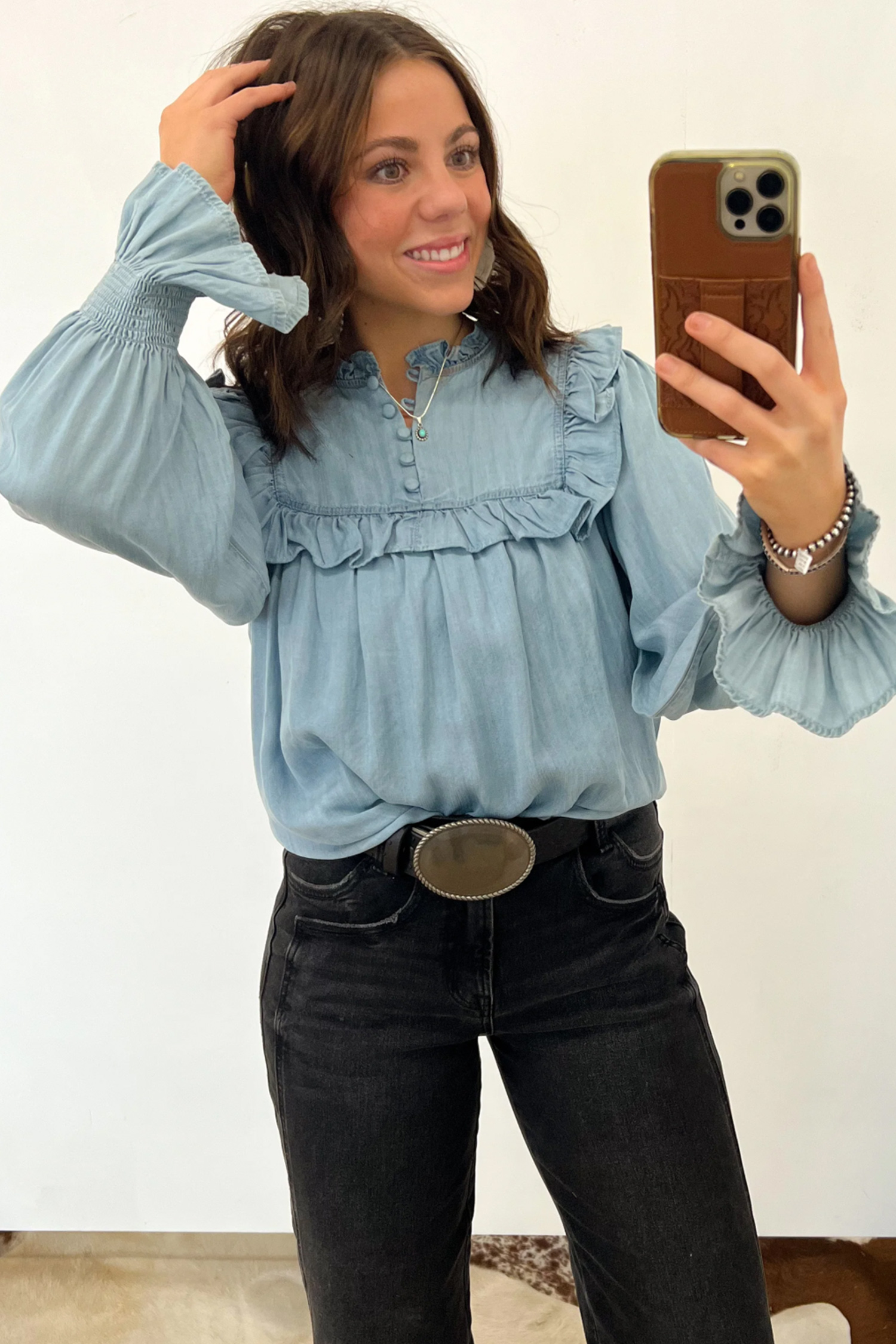 Cotton Chambray Shirt, Long Sleeve Ruffle Western Top - Detail View 6