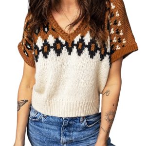 Women's Knit V Neck Sweater Tee, Casual Geometric Top - Main View