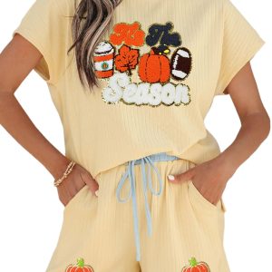 Women's Ribbed Short Set, Casual Yellow Lounge Set - Main View