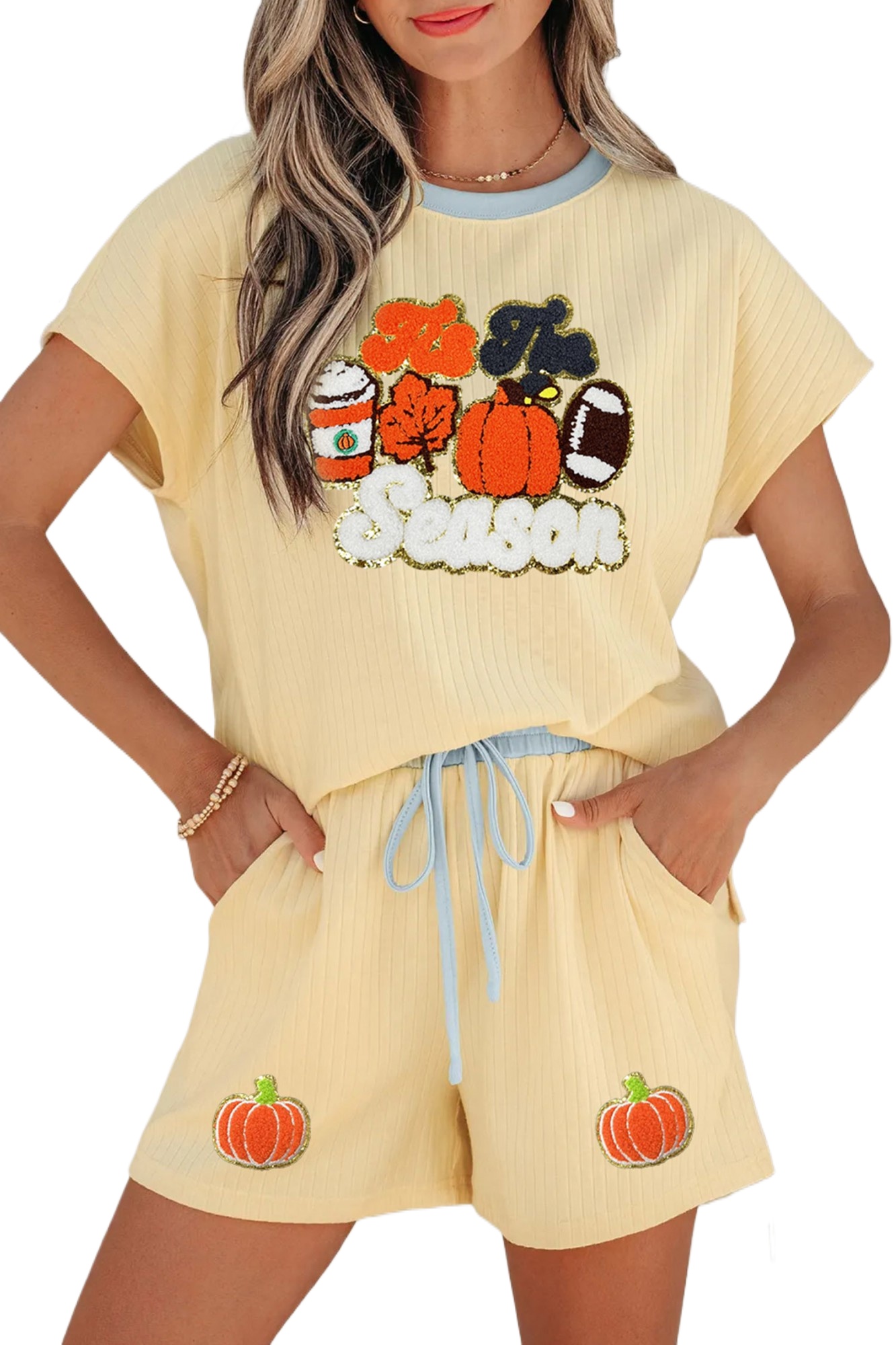 Women's Ribbed Short Set, Casual Yellow Lounge Set - Main View