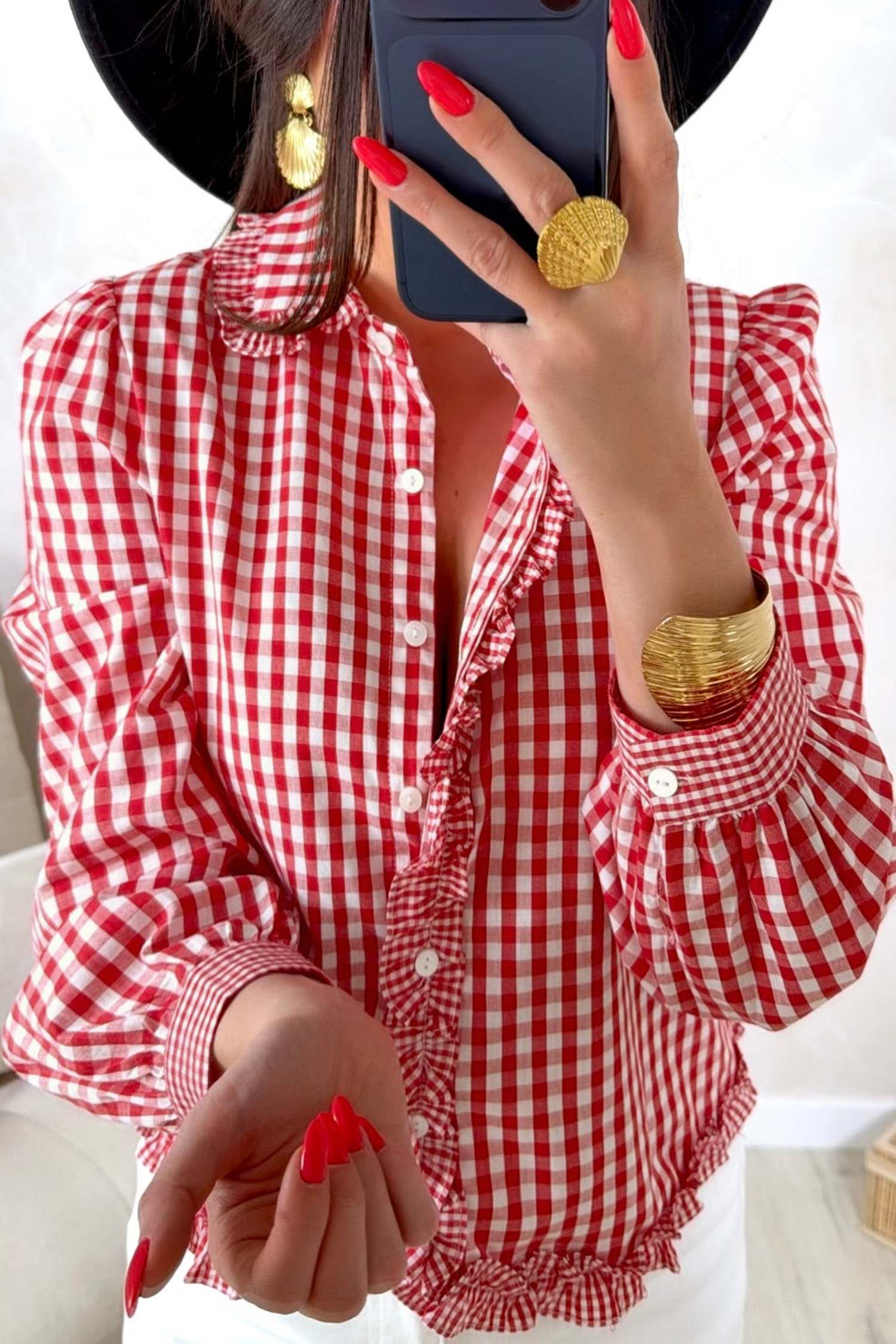 Red Plaid Long Sleeve Shirt for Women, Fall Casual Blouse - Detail View 2